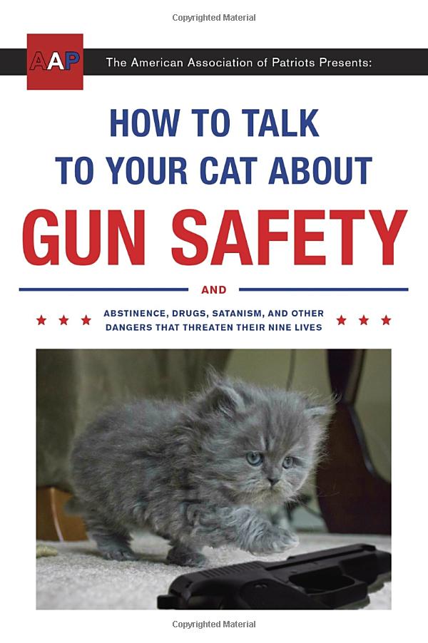 A book cover titled 'How to Talk to Your Cat About Gun Safety' with a subtitle mentioning abstinence, drugs, and other dangers. Below the text, there is an image of a fluffy gray kitten on a carpet, curiously reaching towards a handgun.